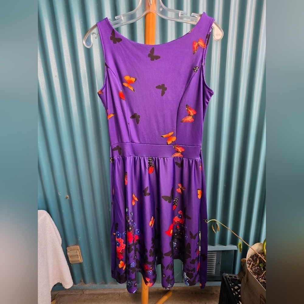 NwT Owin Elegant Purple Butterfly Print Midi Dress Sleeveless Zipper
